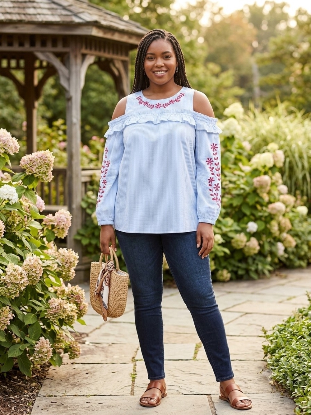 Cupio Light Blue Cold-Shoulder Embroidered Blouse